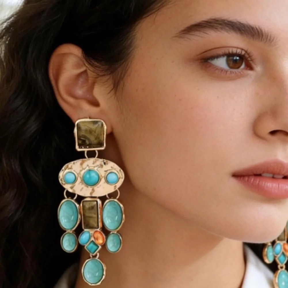 Vintage Boho Gold Turquoise Statement Drop Earrings new